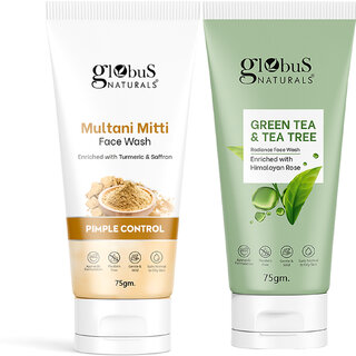                       Globus Naturals Pimple  Oil Control Face Wash Combo- Multani Mitti Face Wash  Tea Tree Face Wash, set of 2, 75gm                                              