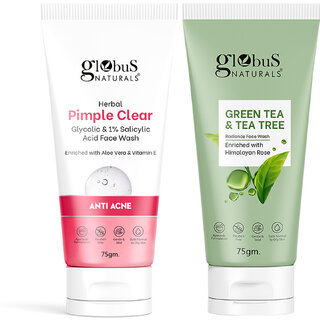 Globus Naturals Anti Acne & Oil Control Face Wash Combo- Glycolic Face Wash & Tea Tree Face Wash, 75gm Globus Naturals Anti Acne & Oil Control Face Wash Combo- Glycolic Face Wash & Tea Tree Face Wash, 75gm