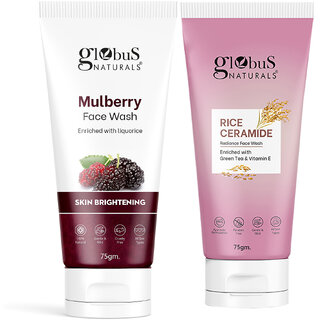                       Globus Naturals Skin Lightening Face Wash Combo- Mulberry Face Wash  Rice Ceramide Face Wash, set of 2, 75gm                                              