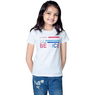 One Sky Girls Typography Cotton Blend T Shirt (White, Pack Of 1)