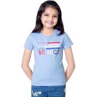                       One Sky Girls Typography Cotton Blend T Shirt (Light Blue, Pack Of 1)                                              