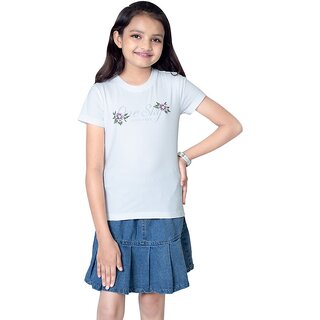                       One Sky Girls Printed Cotton Blend T Shirt (White, Pack Of 1)                                              