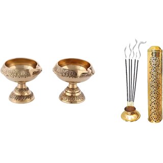 The New Look Set of 2  Brass Diyas and 1 Incense Holder