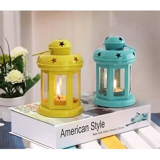 The New Look Blue, Yellow Iron,Glass Hanging T-Light/Candle Holder/Lantern set Of 2