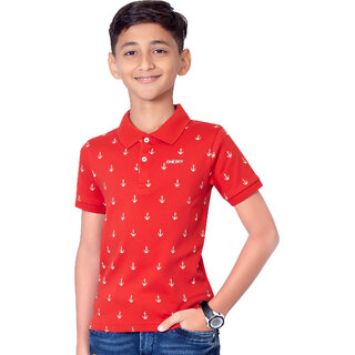                       One Sky Boys Printed Pure Cotton T Shirt (Red, Pack of 1)                                              