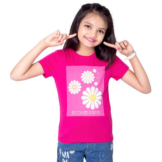                       One Sky Girls Printed Cotton Blend T Shirt (Pink, Pack of 1)                                              