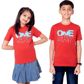                       One Sky Girls Typography, Printed Pure Cotton T Shirt (Red, Pack of 1)                                              