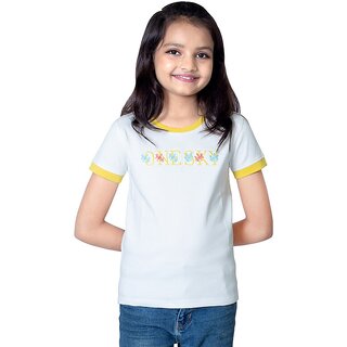                       One Sky Girls Printed Pure Cotton T Shirt (White, Pack of 1)                                              