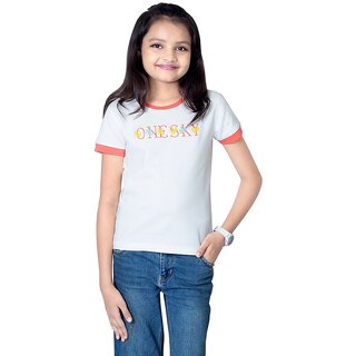                       One Sky Girls Printed Pure Cotton T Shirt (White, Pack of 1)                                              