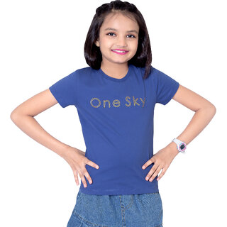                       One Sky Girls Typography Pure Cotton T Shirt (Blue, Pack of 1)                                              
