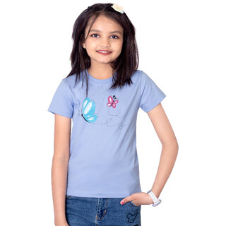                       One Sky Girls Printed Pure Cotton T Shirt (Blue, Pack of 1)                                              