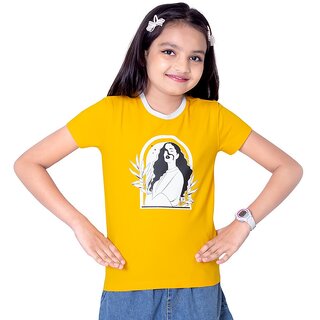                       One Sky Girls Printed Cotton Blend T Shirt (Yellow, Pack of 1)                                              