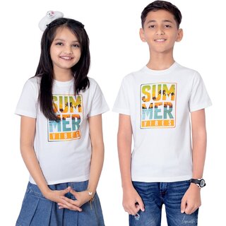                       One Sky Boys & Girls Printed Cotton Blend T Shirt (White, Pack Of 1)                                              