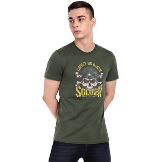                       One Sky Printed, Typography Men Round Neck Green T-Shirt                                              