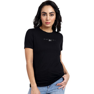                       One Sky Typography Women Round Neck Black T-Shirt                                              