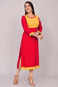 Padlaya Fashion Women Patchwork Viscose Rayon Straight Kurta(Red, Yellow)