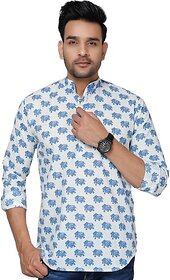 Padlaya Fashion Men Animal Print Cotton Blend Straight Kurta(White, Light Blue)