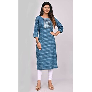                       Padlaya Fashion Women Printed Cotton Blend Straight Kurta(Blue)                                              