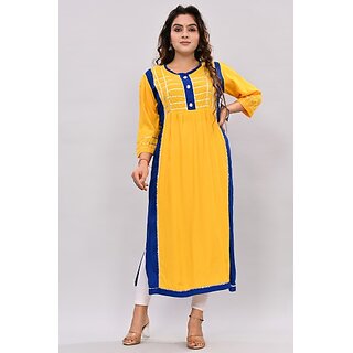 Padlaya Fashion Women Patchwork Viscose Rayon Straight Kurta(Yellow)