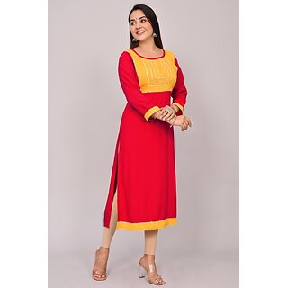                       Padlaya Fashion Women Patchwork Viscose Rayon Straight Kurta(Red, Yellow)                                              
