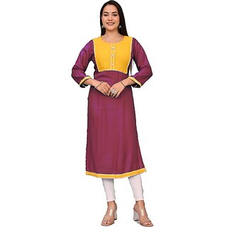                       Padlaya Fashion Women Patchwork Viscose Rayon Straight Kurta(Purple, Yellow)                                              