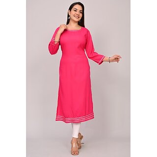                       Padlaya Fashion Women Striped Cotton Rayon Straight Kurta(Pink)                                              