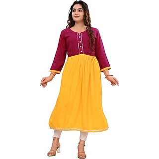 Padlaya Fashions Women Colorblock Viscose Rayon Straight Kurta(Yellow, Purple)