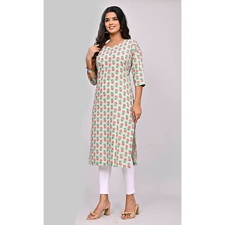                       Padlaya Fashion Women Floral Print Cotton Blend Straight Kurta(Light Green, Pink, Blue)                                              