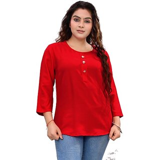                      Padlaya Fashion Casual Bell Sleeves Solid Women Red Top                                              