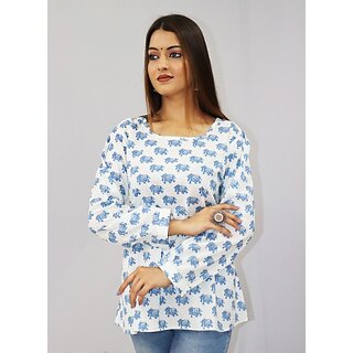                       Padlaya Fashion Casual Regular Sleeves Printed Women Blue///White Top                                              
