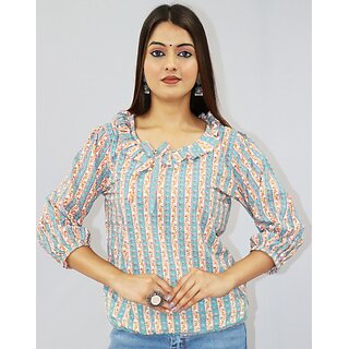                       Padlaya Fashion Casual Flared Sleeves Printed Women Multicolor Top                                              