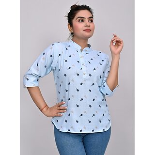                       Padlaya Fashion Casual Regular Sleeves Printed Women Blue Top                                              