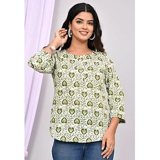                      Padlaya Fashion Casual Regular Sleeves Printed Women Light Green///White Top                                              