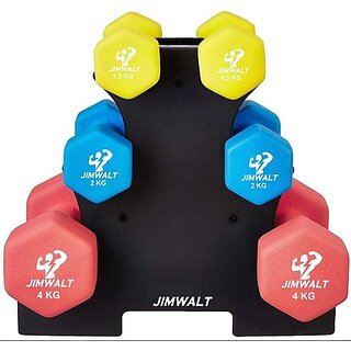                       JIMWALT Neoprene Coated Dumbbell Combo with Stand (15 Kg (1.5kg + 2kg + 4kg Set)) Fixed Weight Dumbbell (15 kg)                                              