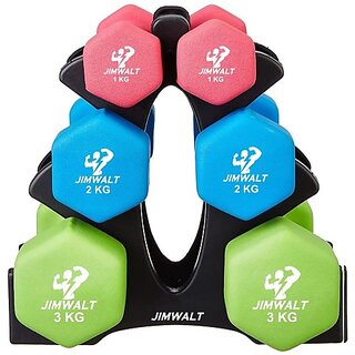                       JIMWALT Neoprene Coated Dumbbell Combo with Stand (12 Kg (1kg + 2kg + 3kg Set)) Fixed Weight Dumbbell (12 kg)                                              
