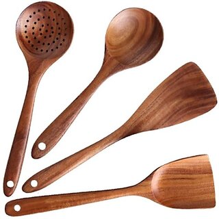                       EUGOR Handmade Set for Non-Stick Cooking and Serving Kitchen Tools No Harmful Polish Wooden Serving Spoon Set (Pack of 4)                                              