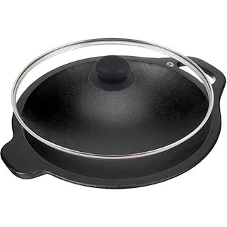                       EUGOR Pre-Seasoned Cast Iron Appa Chatti/Appam Pan/Appam Patra/kalluWith Toughened Curry Pan 20.38 cm diameter with Lid 1 L capacity (Cast Iron, Non-stick, Induction Bottom)                                              