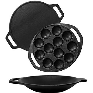                       EUGOR Cast Iron Pre Seasoned (Dosa Tawa + Paddu Maker + Appam Pan) Pancake Pan 30.48 cm, 20.32 cm, 22.86 cm diameter 1 L capacity (Cast Iron, Non-stick, Induction Bottom)                                              