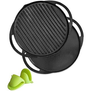                       EUGOR Pre-Seasoned Cast Iron 2 in 1 Grill and Griddle Pan Tawa 30 cm diameter (Cast Iron, Non-stick, Induction Bottom)                                              