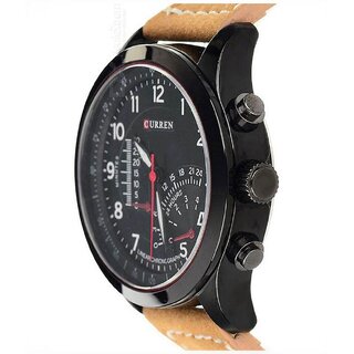                       Curren Brown Synthetic Leather Strap Black Analog Dial Denim Watch With Temperature Meter Design                                              
