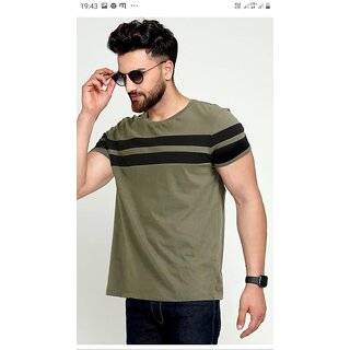                       Ruggstar Branded Best-Selling Cotton T-Shirt For Men(Olive Double Black Patti Half)                                              