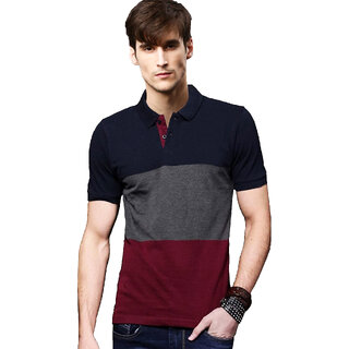                       Leotude Men Navy Color Block Cotton Blend T-Shirt                                              