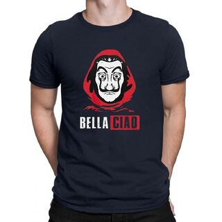                       Code Yellow Bella Ciao logo Navy Blue Pure Cotton Round Neck Printed T-Shirt For Men                                              