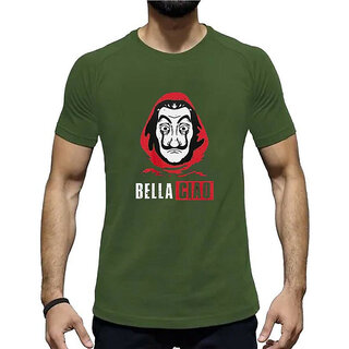                       Code Yellow Bella Ciao logo Olive Pure Cotton Round Neck Printed T-Shirt For Men                                              