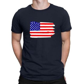                       Code Yellow USA_flag logo Navy Blue Pure Cotton Round Neck Printed T-Shirt For Men                                              