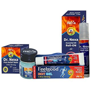 Dr Nexa Combo of 3, Pain Relief Balm 10gm, Essential Oil Roll-On 10ml With Hot gel Ultra Strong Instant Pain Relief 30gm
