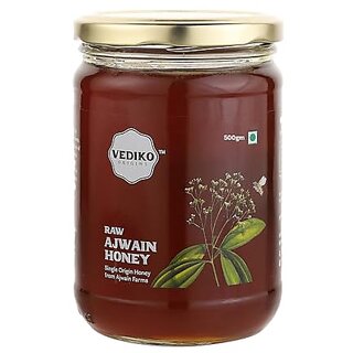                       Vediko Organic Farm Fresh Raw Ajwain Honey (500GM) 100 Pure And Natural Uprocessed Single Origin Honey from Ajwain Farms  Helps in Fighting Infection  Chemical Free No Sugar No Adulteration                                              