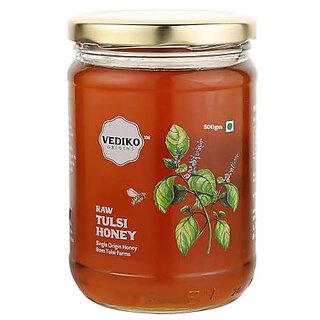                       Vediko Farm Fresh Raw Tulsi Honey (500 GM)  100 Pure and Natural Unprocessed Single Origin Basil Honey from Tulsi Farms  Respiratory Booster  Chemical Free No Sugar No Adulteration                                              