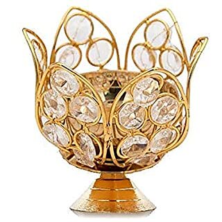                       Royal Overseas Brass with Crystal Lotus Shape Diya for Puja and Home Dcor                                              