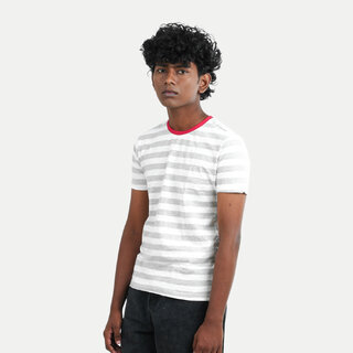                       Boys Grey Crew neck Striped T-shirt                                              